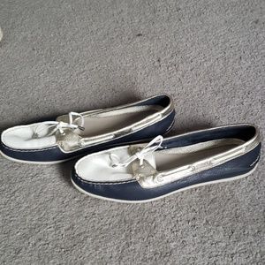 Blue and white with metallic Sperrys